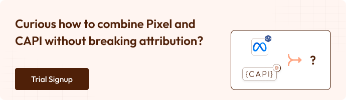 Banner with text: Curious how to combine Pixel and CAPI without breaking attribution? on a soft beige background. A brown button reads Trial Signup. On the right, icons of the Meta logo and CAPI are shown with an arrow and question mark, suggesting integration.