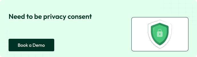 Light green banner with text “Need to be privacy consent,” a dark green “Book a Demo” button, and an icon of a green shield with a lock in the center.
