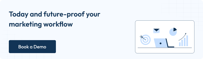 Today and future- proof your marketing workflow with a Book a Demo' button and an illustration of a laptop with performance up , targeting, email and Pie chart.