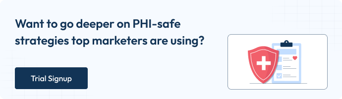 'Want to go deeper on PHI- safe strategies top marketers are using?' with a 'Trial signup' button and an illustration of a Health shield with prescription icon.