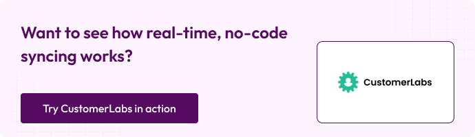  Light purple banner with text “Want to see how real-time, no-code syncing works?”, a purple “Try CustomerLabs in action” button, and the CustomerLabs gear logo.
