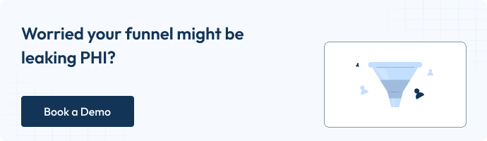 A banner with the text "Worried your funnel might be leaking PHI?" on the left, and a funnel icon with person symbols entering the top and PHI leaking from the bottom on the right. A dark blue button below the text says, Book a Demo.
