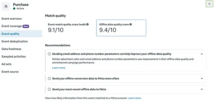 The image shows the offline data quality score above 8.5 meta's standards for omnichannel ads