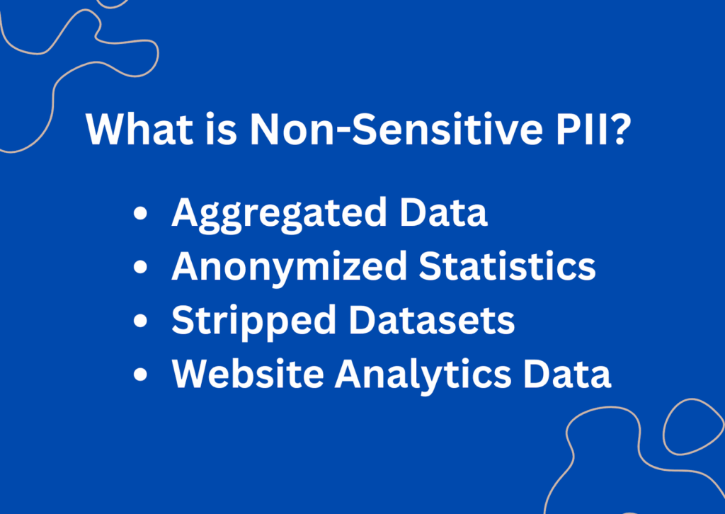 This image explains - whta is non-sensitive PII? 
Aggregated data
Anonymized statistics
Stripped datasets
Website analytics data
