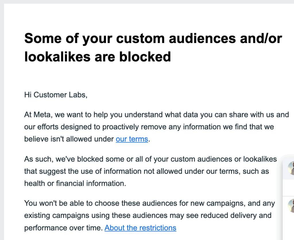 The image shows a meta ad account, where the custom audiences are blocked by Meta as a result of the Meta's data privacy restrictions