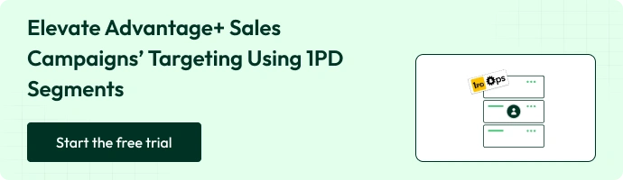 Banner promoting 1PD segments to enhance Meta Advantage+ Sales Campaign targeting. Includes CTA button ‘Start the free trial’ and illustration of data segments.”