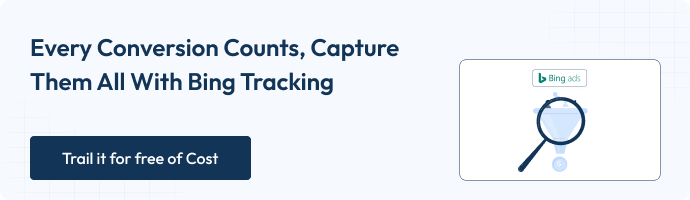 How to Setup Bing Ads Conversion Tracking for WooCommerceย 18 Banner highlighting Bing Ads conversion tracking with a magnifying glass icon over the Bing Ads logo. Contains a CTA button saying โTrail it for free of Costโ