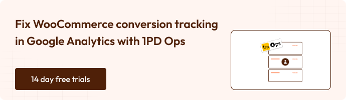 “Banner promoting fixing WooCommerce conversion tracking in Google Analytics using 1PD Ops. Includes a CTA for a 14-day free trial and an illustration of a dashboard.”