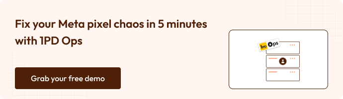 A promotional banner with text “Fix your Meta pixel chaos in 5 minutes with 1PD Ops.” The design shows a simple dashboard illustration and a button reading “Grab your free demo.” The visual represents an easy data management solution for Meta pixel tracking issues.