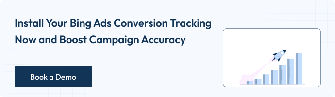 How to Setup Bing Ads Conversion Tracking for WooCommerceย 19 Graphic promoting Bing Ads conversion tracking setup with an upward-growth chart and rocket icon. Includes a โBook a Demoโ CTA button.