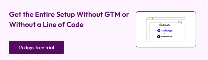 How to Integrate Recharge with Shopify Without GTM 1 โCustomerLabs banner highlighting code-free Recharge and Shopify setup without GTM, featuring a โ14 days free trialโ button.โ