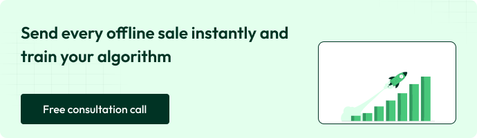 Banner promoting instant offline sale tracking with a “Free consultation call” button. Visual shows a growth chart with a rocket symbolizing improved algorithm training.