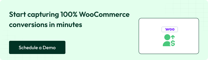 Graphic encouraging WooCommerce users to track all conversions with a “Schedule a Demo” CTA. Illustration shows a WooCommerce icon and a user with an upward money arrow.