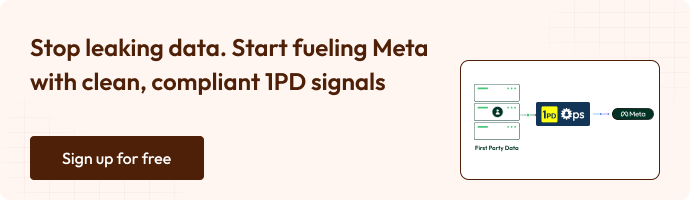A marketing banner highlighting data privacy and Meta integrations. It reads “Stop leaking data. Start fueling Meta with clean, compliant 1PD signals,” and shows a data flow diagram from First Party Data to Meta via 1PD Ops. Includes a “Sign up for free” button.