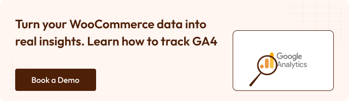 “Banner about tracking WooCommerce data in GA4, with a ‘Book a Demo’ CTA. Features a Google Analytics logo with a magnifying glass.”