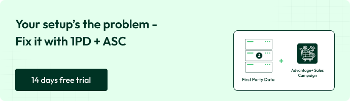 CustomerLabs banner promoting better Meta ad performance with first-party data and Advantage+ Sales Campaigns. Shows a ‘14 days free trial’ button and icons for data servers and ASC.