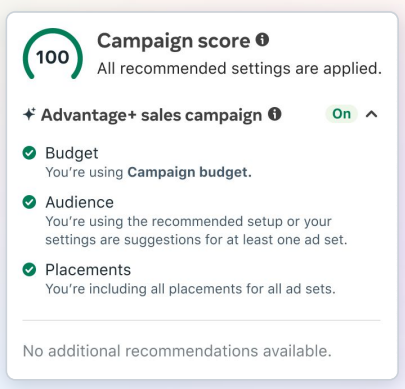 This images shows the Campaign score and it advantage+ features