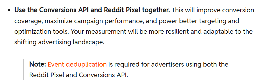 Instruction recommending the use of Conversions API and Reddit Pixel together for better conversion coverage and performance, with a note highlighting the need for event deduplication.