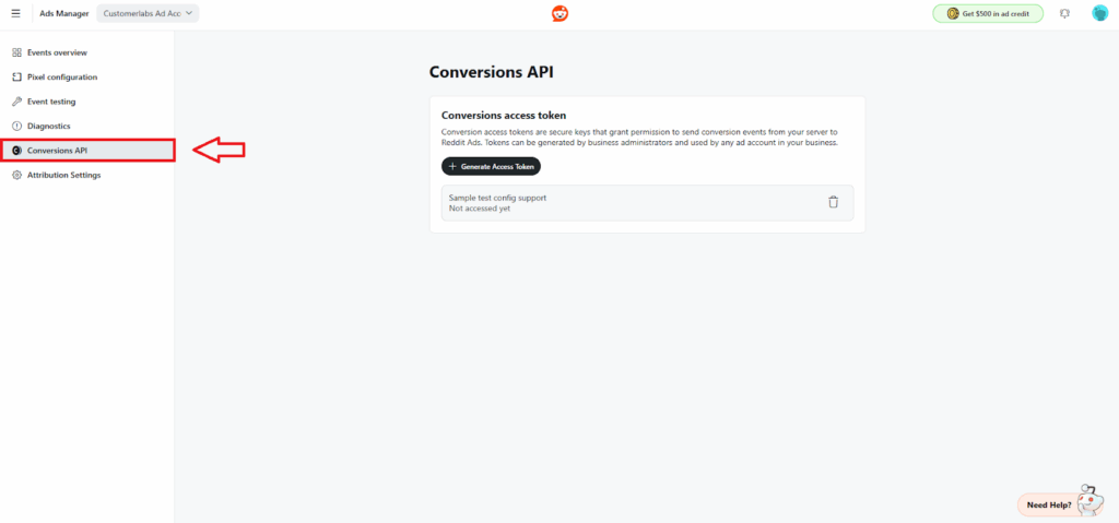 Reddit Ads Manager showing the Conversions API page with an option to generate an Access Token for server-to-server event tracking