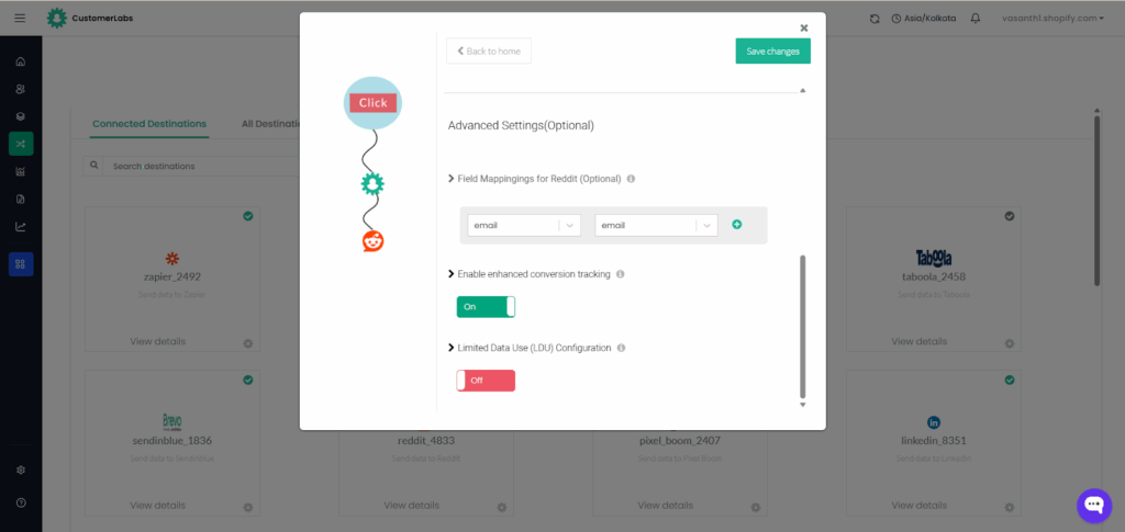 CustomerLabs Reddit integration Advanced Settings screen showing enhanced conversion tracking enabled while Limited Data Use configuration remains off.