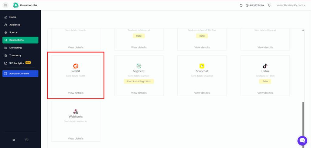 CustomerLabs dashboard showing the Destinations page with Reddit integration tile highlighted for sending data to Reddit.