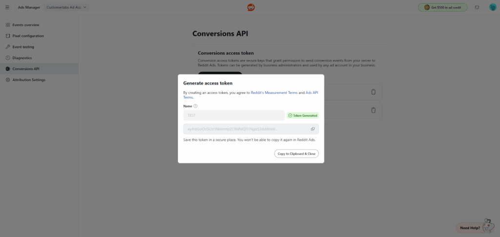 Reddit Ads Manager Conversions API page showing a popup window where an access token is generated with the name field filled and the token successfully created.