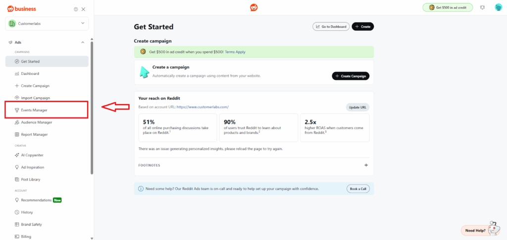 “Reddit Ads Manager interface highlighting the ‘Events Manager’ option in the left navigation panel.