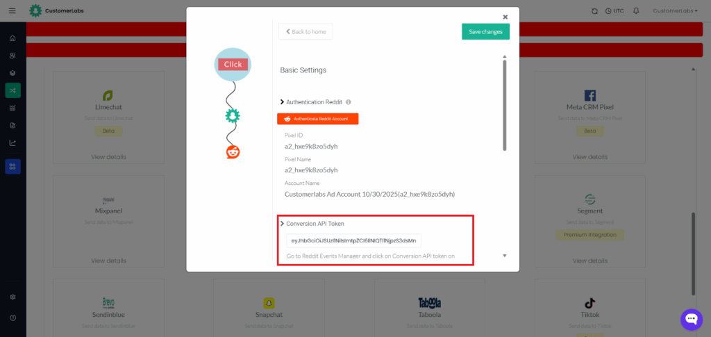 CustomerLabs Reddit integration settings showing the Conversion API Token field populated with the generated token from Reddit Ads Manager.