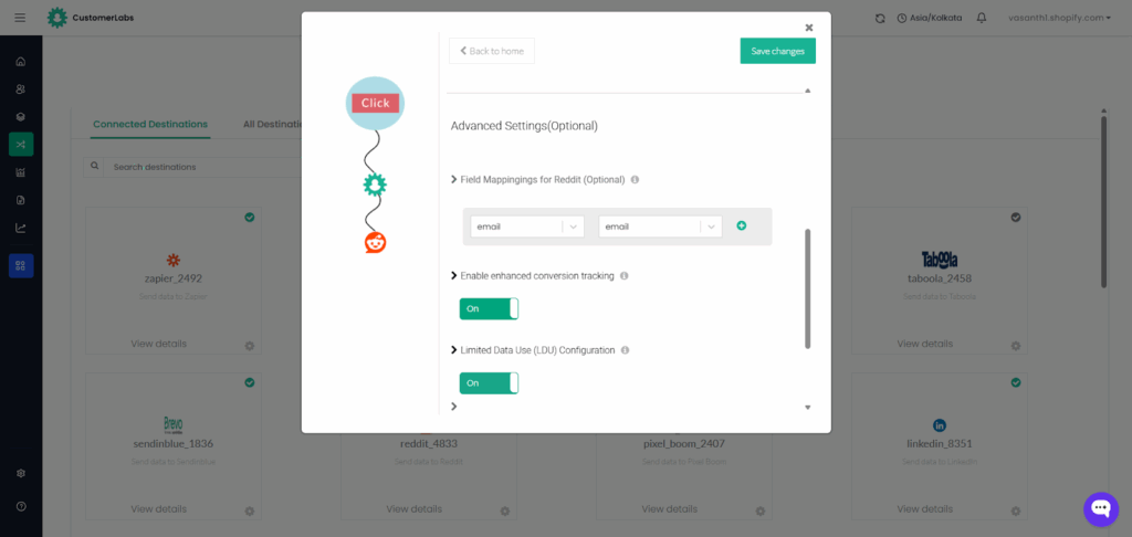 CustomerLabs Reddit integration Advanced Settings screen with both enhanced conversion tracking and Limited Data Use configuration toggled on.”