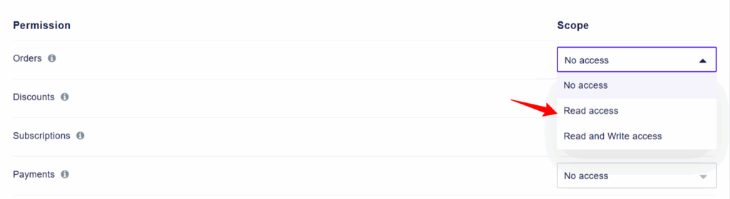 How to Integrate Recharge with Shopify Without GTM 6 Set read access permission โ โRecharge permission dropdown showing options for โNo accessโ, โRead accessโ, and โRead and Write accessโ, with an arrow pointing to โRead accessโ.โ