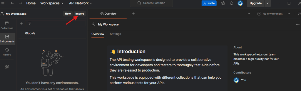How to Integrate Recharge with Shopify Without GTM 10 Postman import screen โ โPostman workspace interface showing the Import button highlighted under the New tab in the My Workspace section.โ