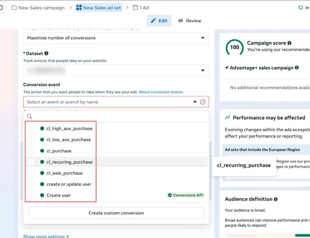 Campaign setup with conversion event displayed and recurring purchase 