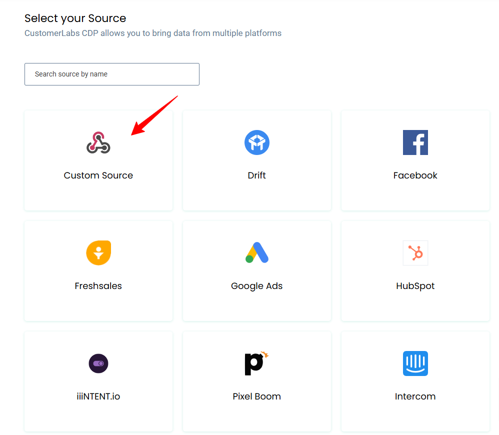 How to Integrate Recharge with Shopify Without GTM 14 Select Custom Source โ โCustomerLabs Sources page showing various integration options with Custom Source highlighted by a red arrow.โ