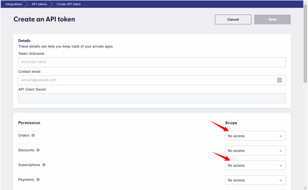 How to Integrate Recharge with Shopify Without GTM 5 Create API token form โ โRecharge โCreate an API tokenโ page showing input fields for token nickname, contact email, and API client secret, with permission scopes for orders, discounts, and subscriptions.โ