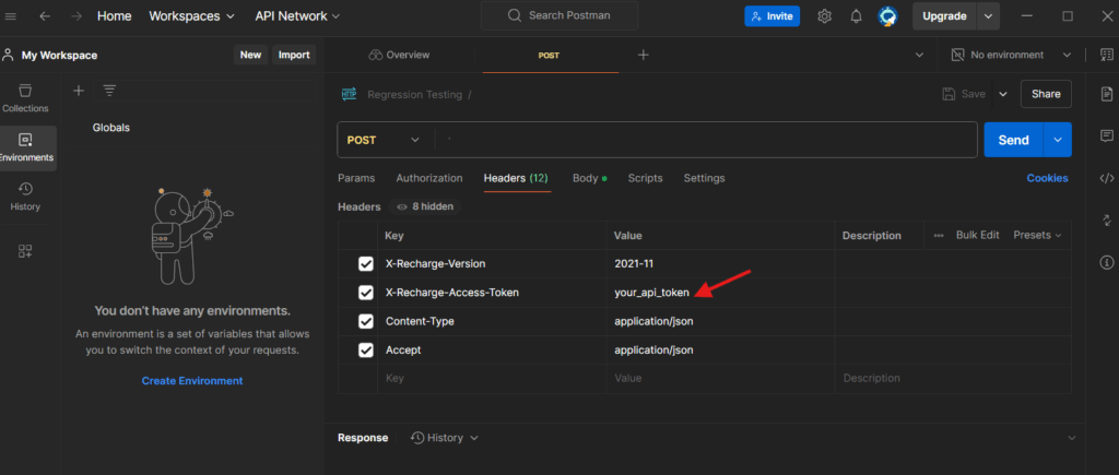 How to Integrate Recharge with Shopify Without GTM 12 Postman API headers setup โ โPostman request setup screen showing headers for a POST request including X-Recharge-Version, X-Recharge-Access-Token, Content-Type, and Accept fields.โ