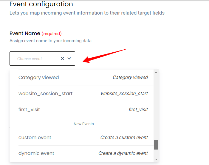 How to Integrate Recharge with Shopify Without GTM 19 Event Configuration Dropdown โ โCustomerLabs Event Configuration interface showing dropdown menu to assign event name with options like Category viewed, website_session_start, and custom event.โ