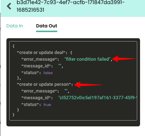 How to Integrate Recharge with Shopify Without GTM 27 Data Out Log Example โ โCustomerLabs Data Out Log showing JSON response with filter condition failed error for create or update deal and successful status for create or update person.โ
