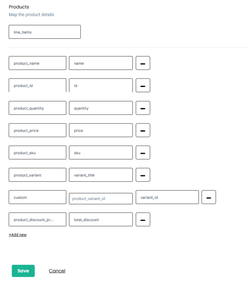 How to Integrate Recharge with Shopify Without GTM 23 Product Data Mapping โ โCustomerLabs interface showing product data mapping section with fields like product name, ID, quantity, price, SKU, variant, and discount configured under line_items.โ