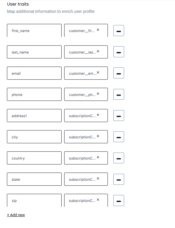 How to Integrate Recharge with Shopify Without GTM 22 User Traits Mapping โ โCustomerLabs user traits section mapping fields like first_name, last_name, email, phone, and address1 to customer data attributes.โ
