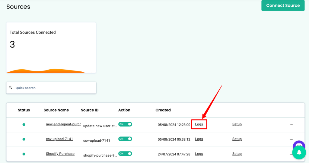 How to Integrate Recharge with Shopify Without GTM 25 Sources Log Overview โ โCustomerLabs Sources dashboard showing connected sources list with Logs button highlighted to view raw JSON payloads.โ