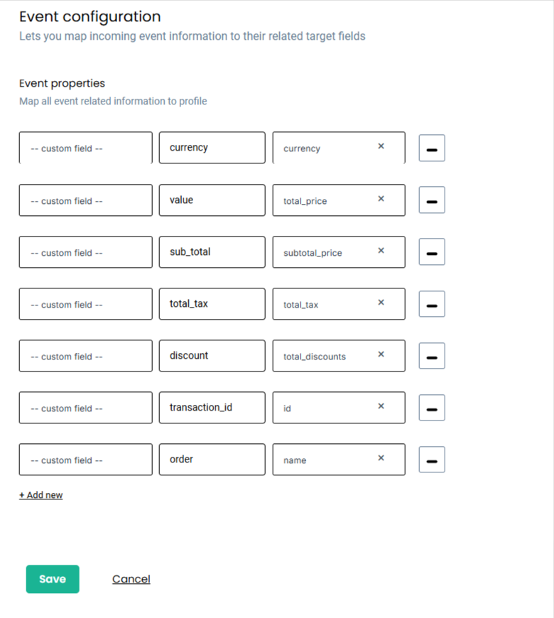How to Integrate Recharge with Shopify Without GTM 24 Event Configuration Mapping โ โCustomerLabs event configuration screen showing custom field mappings for event properties including currency, value, subtotal, tax, discount, transaction ID, and order.โ