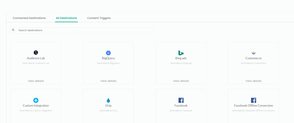 How to Integrate Recharge with Shopify Without GTM 30 All Destinations List โ โCustomerLabs All Destinations tab displaying integration options such as Audience Lab, BigQuery, Bing Ads, Customer.io, Drip, Facebook, and Custom Integration.โ