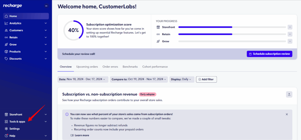 How to Integrate Recharge with Shopify Without GTM 2 Recharge dashboard overview โ โRecharge dashboard displaying subscription optimization score, storefront and retention progress bars, and subscription revenue comparison section.โ