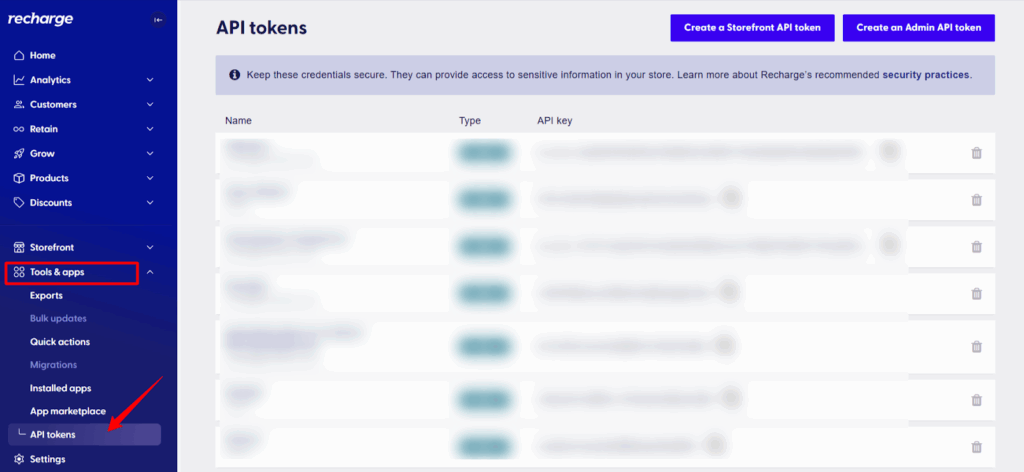 How to Integrate Recharge with Shopify Without GTM 3 Navigate to API tokens โ โRecharge admin panel showing Tools & Apps section highlighted, with API tokens submenu selected.โ