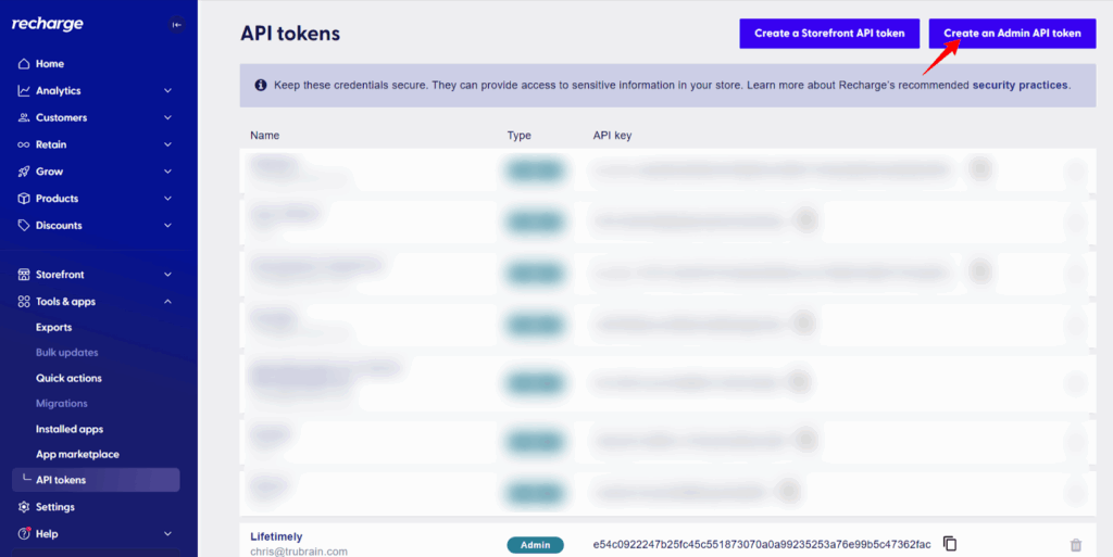 How to Integrate Recharge with Shopify Without GTM 4 Create Admin API token button โ โRecharge API tokens page showing blurred list of existing tokens and an arrow pointing to the โCreate an Admin API tokenโ button.โ