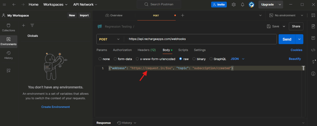 How to Integrate Recharge with Shopify Without GTM 16 Postman Webhook Setup โ โPostman workspace displaying webhook API request to Recharge endpoint with JSON body parameters for address and topic.โ