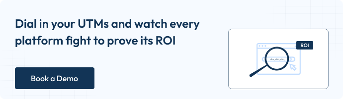 WooCommerce UTM Tracking Guide โ Measuring, Reporting, and Retargeting 10 A banner reading โDial in your UTMs and watch every platform fight to prove its ROIโ paired with an illustration of a magnifying glass over a browser showing ROI. A โBook a Demoโ button is included on the left.