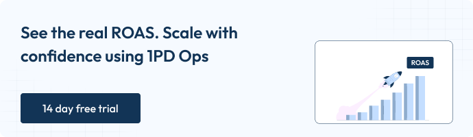 WooCommerce UTM Tracking Guide โ Measuring, Reporting, and Retargeting 2 A promotional graphic displaying โSee the real ROAS. Scale with confidence using 1PD Opsโ with an upward-growing bar chart and a rocket. A button on the left reads โ14 day free trial.โ