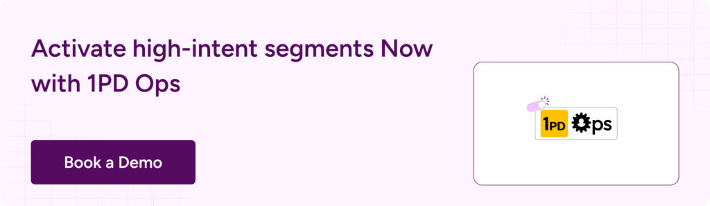 Banner showing the message “Activate high-intent segments now with 1PD Ops” alongside a product logo illustration.
Includes a prominent “Book a Demo” call-to-action button on a light purple background.