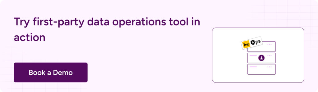 Visual demonstrating the 1PD Ops tool interface with stacked data cards and user profile icons.
Accompanied by a headline inviting users to try the first-party data operations tool in action.